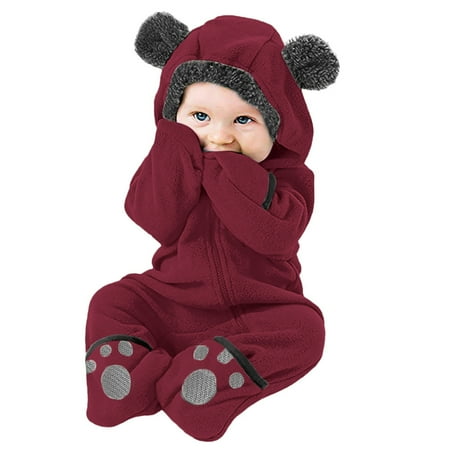 

Baby Boy Girl Bear Ears Footed Hooded Romper Fleece Jumpsuit Coat