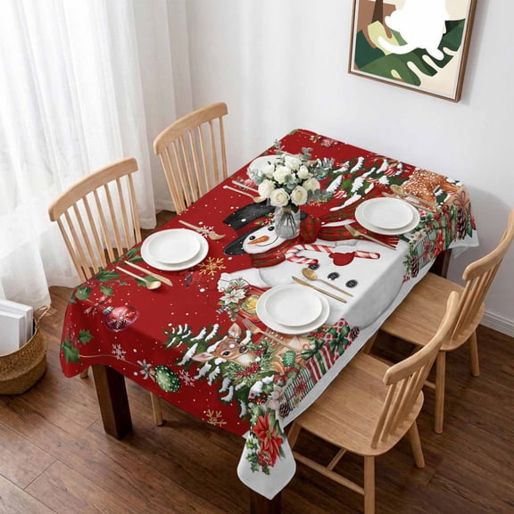 Red Christmas Snowman Table Cloth Waterproof Tablecloths, Xmas Snowflake Elk Tree Balls Tablecloth Dining Table Cover for Kitchen Party Tabletop Outdoor, Rectangle Tablecloth 52x70 Inch