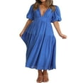 thumbnail image 2 of POINTERTECK Femmes Profonde V Maxi Robe d'Été Casual Manches Courtes Plissées Taille Haute LongBeach Robes Fluides, 2 of 9