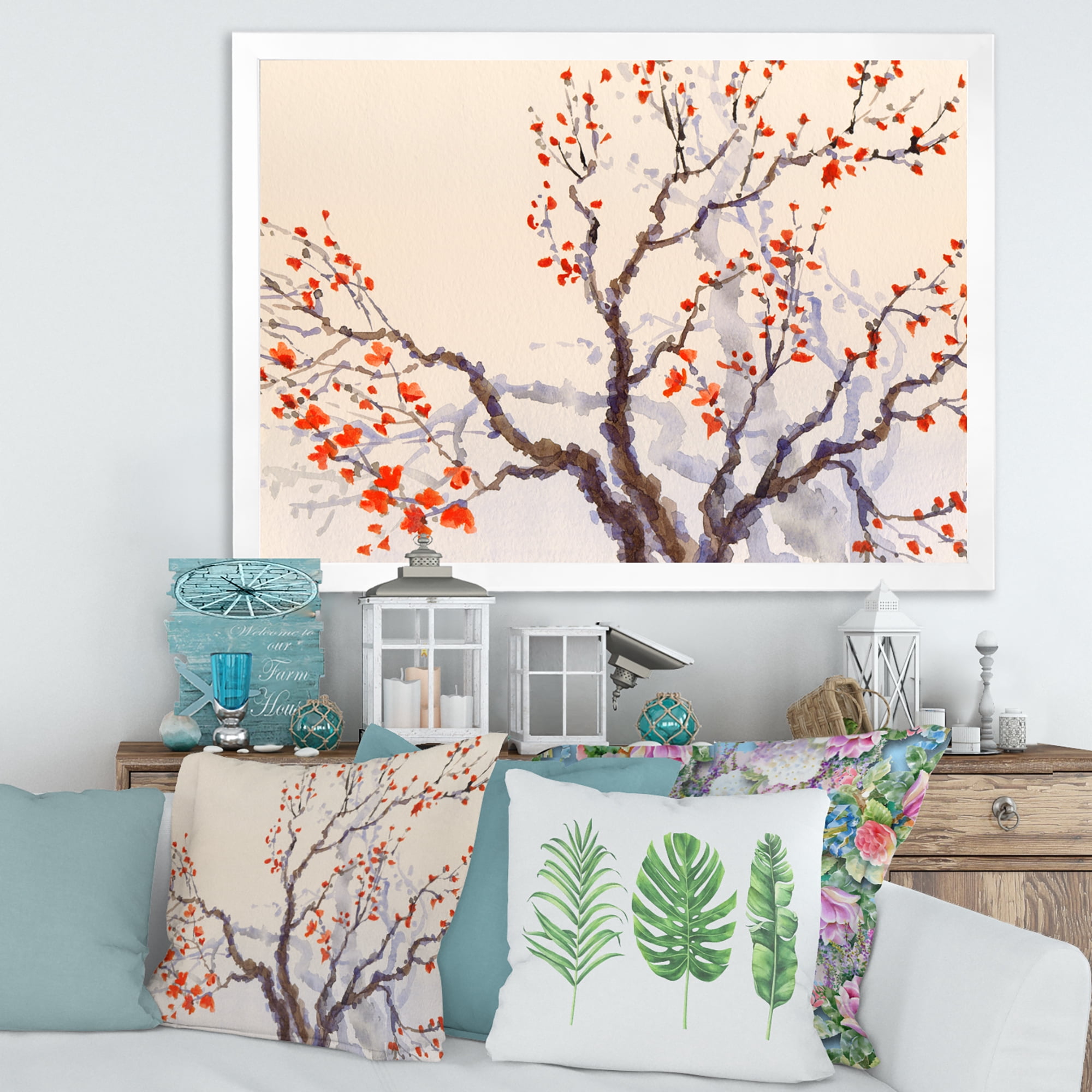 Buds and Red Flowers On The Spring Blossoming Tree 40 in x 30 in Framed Painting Canvas Art Print, by Designart