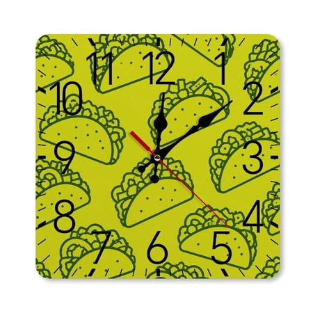 RKSupls 10×10inch Square Silent Wall Clock Wooden Frame, Taco Green Line Pattern Scale Decorative Clock for Home Bedroom Living Room Office