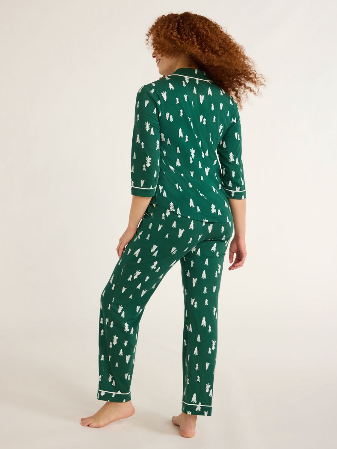 Joyspun Women’s and Women’s Plus Cotton Blend Notch Collar Pajama Set, 2-Piece, Sizes XS to 4X