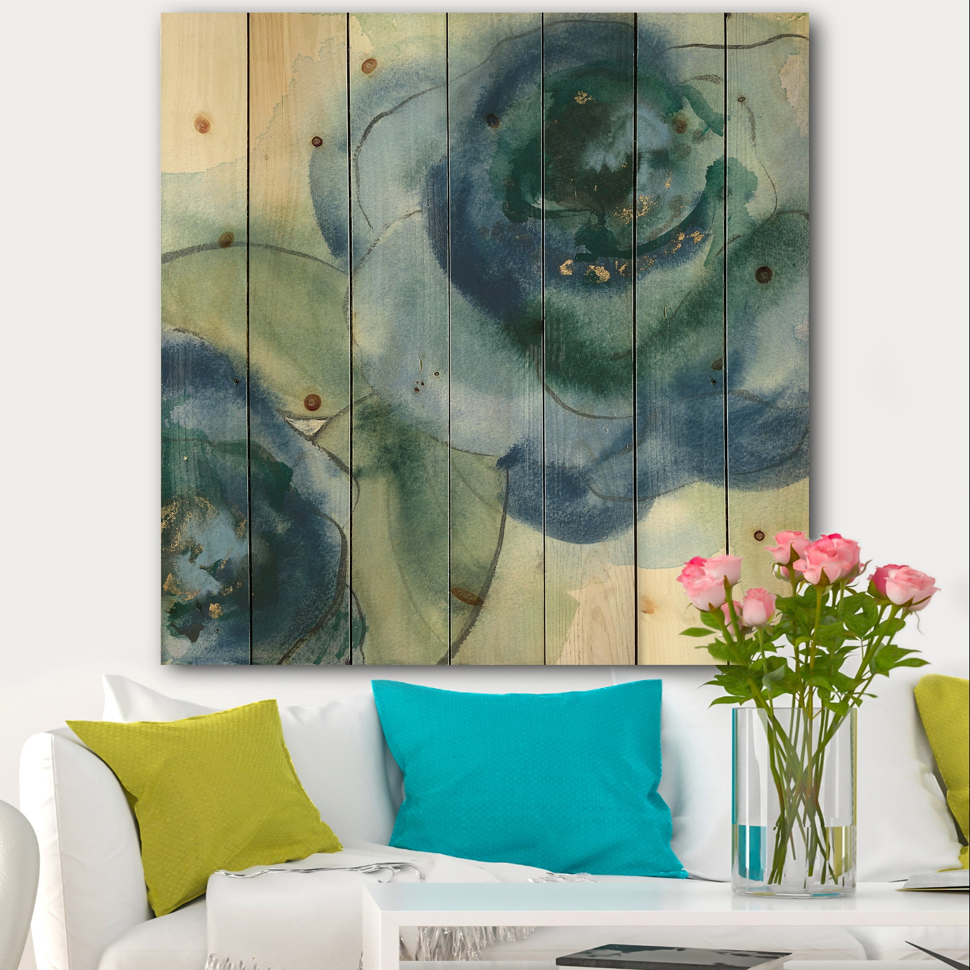 Designart 'Blue Floral Poppies V' Cottage Print on Natural Pine Wood