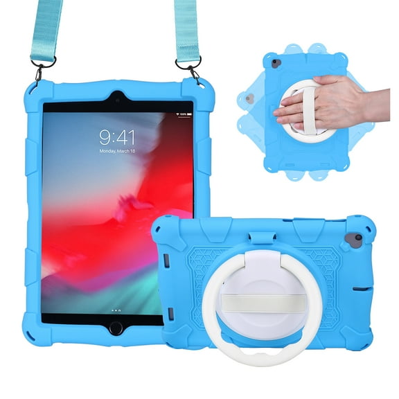 For iPad 6th 5th Generation Case, Soft Silicone Drop Protection Rotating Kickstand with Shoulder Strap Pencil Holder Kids Friendly Lightweight Case for iPad Air 1 2/ iPad 9.7" 2018/2017, Skyblue