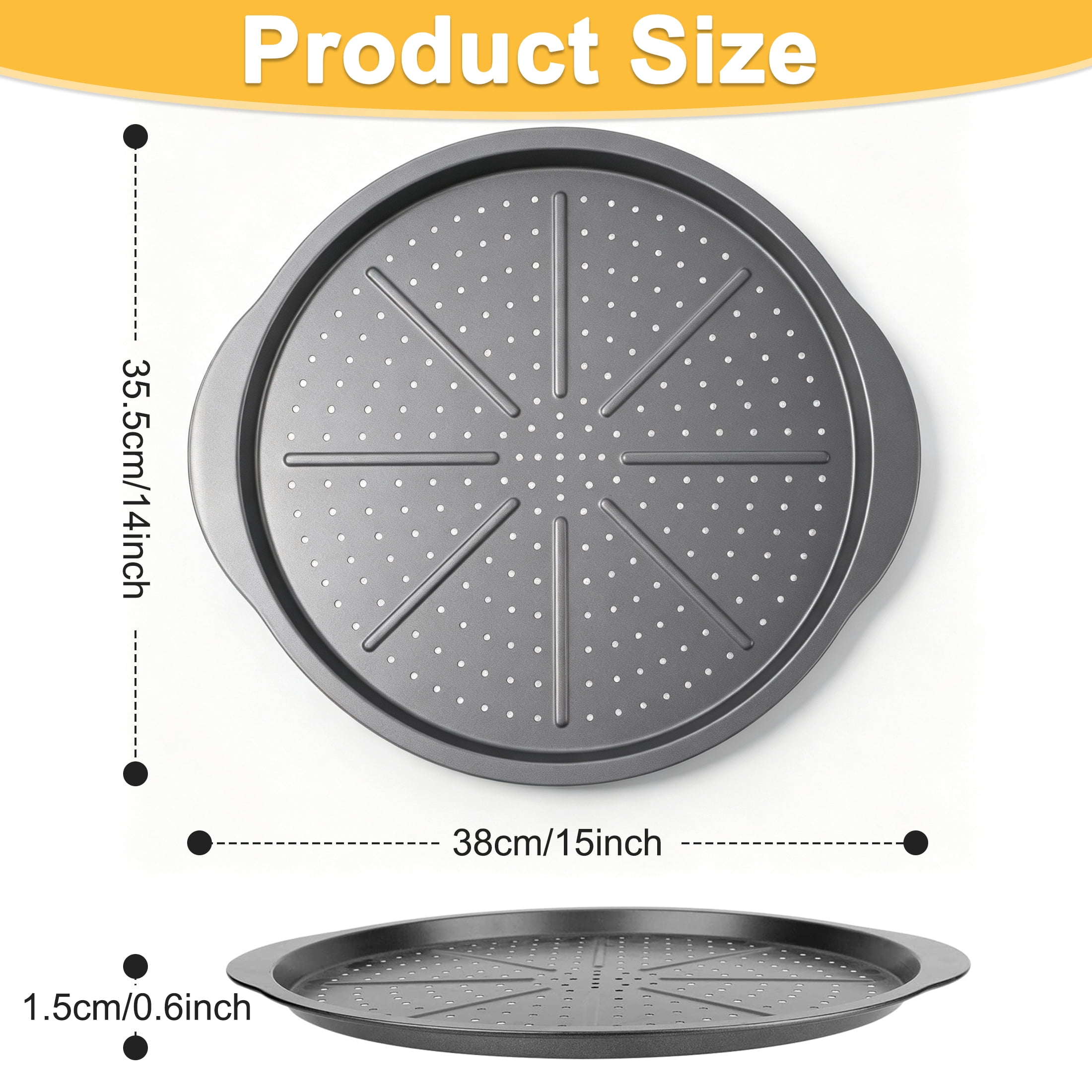 14 Inch Pizza Pan for Baking, Carbon Steel Perforated Pizza Pan with Handles, Non-Stick Carbon Steel Round Pizza Baking Tray, Oven Safe Crispy Crust Pizza Baking Pan
