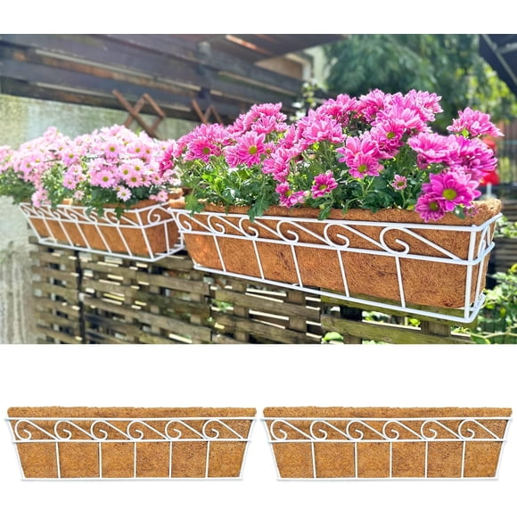 LaLaGreen Wall Mounted Planters for Plants (24 Inch,2 Pack) Window Flower Boxes Basket Outdoor Deck Railing Hanging with Coco Liners, White Metal Horse Troughs Balcony Fence Modern Garden Patio Porch