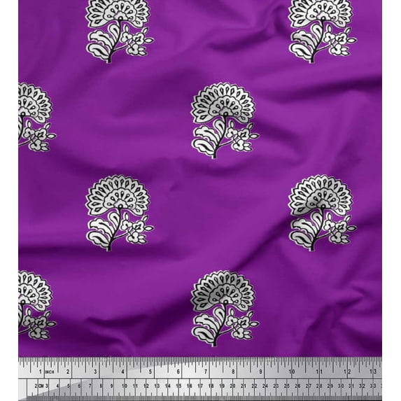 Soimoi Crepe Silk Fabric Leaves & Floral Block Decor Fabric Printed Yard 42 Inch Wide