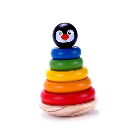 Wooden Toy Rings - Adorable Wooden Penguin 6 Piece Ring Rainbow Stacker Toy for Babies 1 Year Olds & Up, Developmental