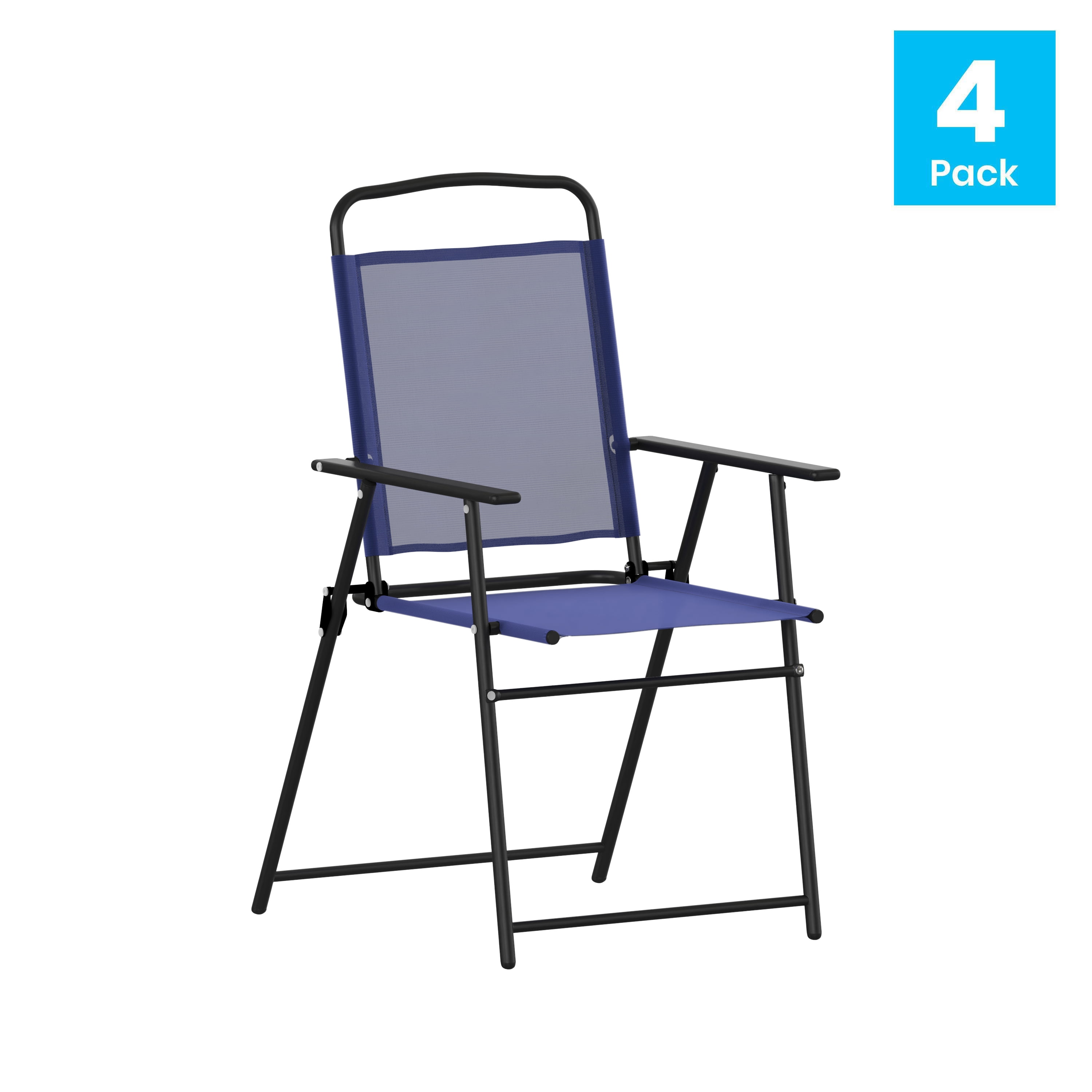 Flash Furniture Set of 4 Mystic Folding Patio Sling Chairs, Outdoor Textilene Lawn Chairs with Armrests in Navy