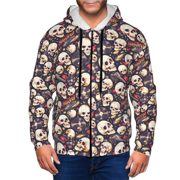 Vsdgher Guitar Skull record Mens Hoodies Zip Hoodie, Hoodies for Men, Zip-up Hooded Sweatshirt-Small