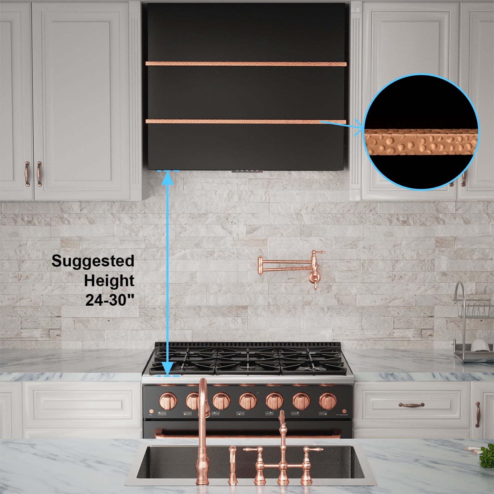 Akicon 36 inch Kitchen Range Hood with 600 CFM, Stainless Steel Wall Mounted Ducted Range Hood, 3 Speed Fan with LED Light, Powerful Vent Motor, Jet Black with Copper