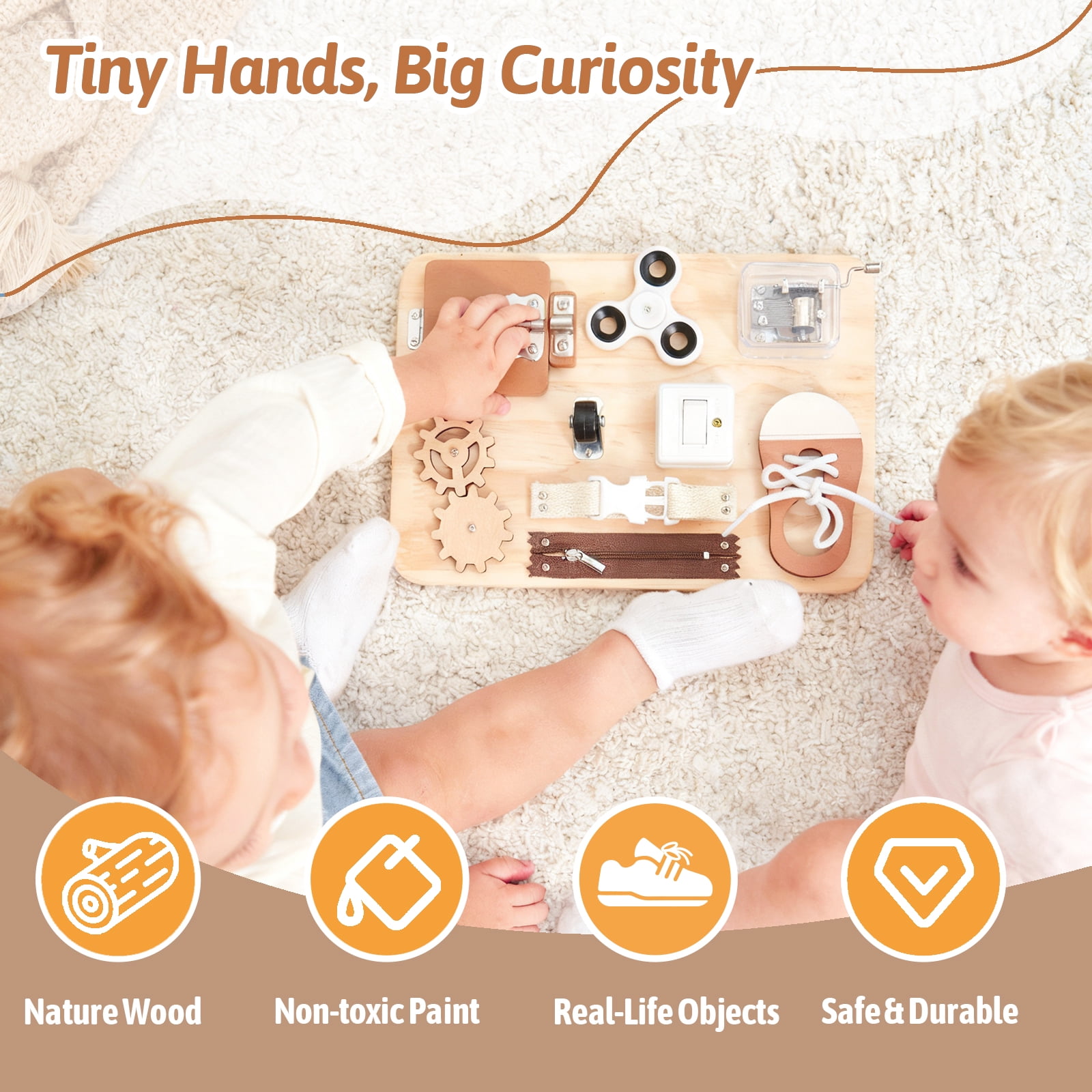 Potatomato Busy Board Toddlers - Montessori Educational Fidget Toys for Baby - Wooden Sensory Toys Autistic Children - Preschool Learning Activities Fine Motor Skills – Travel Toy