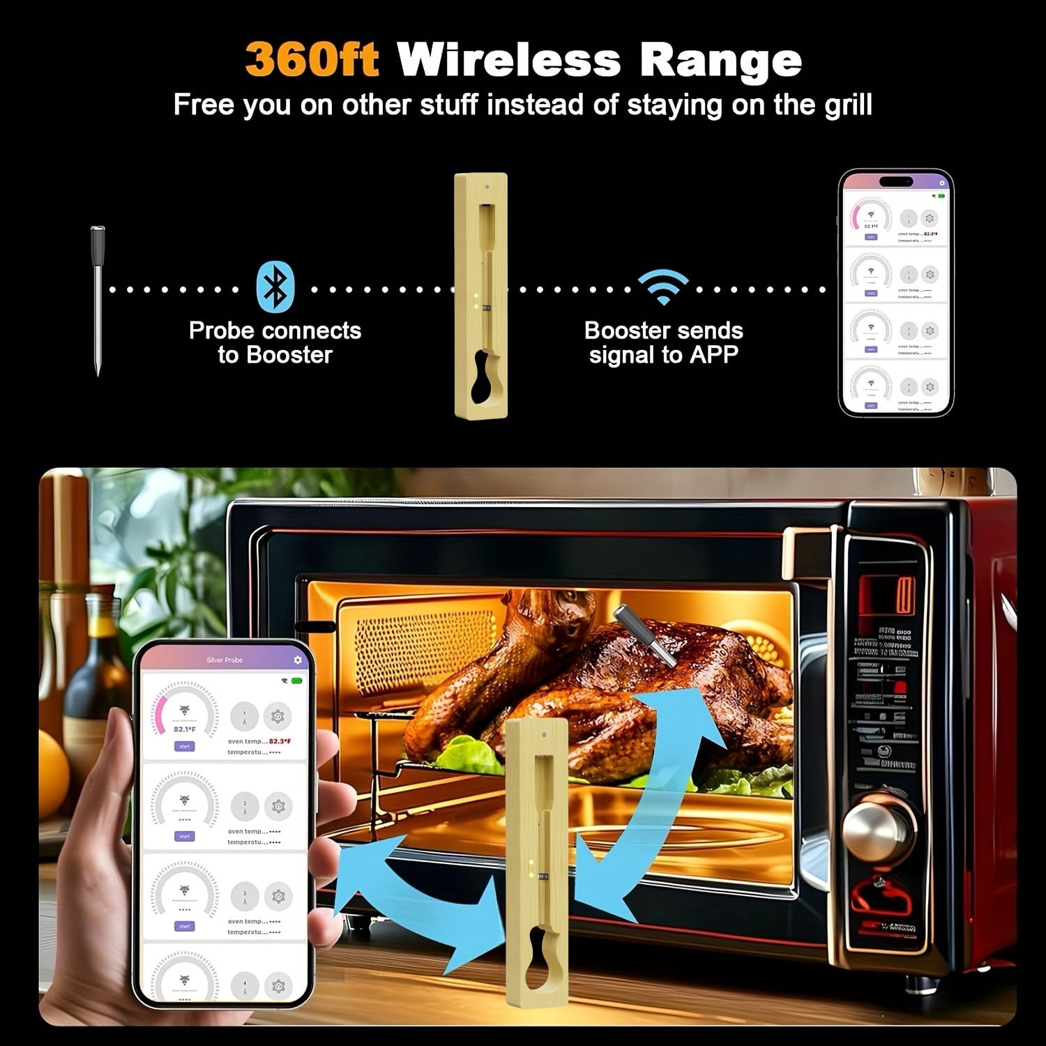 Wireless Bluetooth Smart Digital Meat Thermometer Bamboo Housing Stainless Steel Probe Suitable for Oven, BBQ, Kitchen Cooking, Steak, Chicken Food Thermometer
