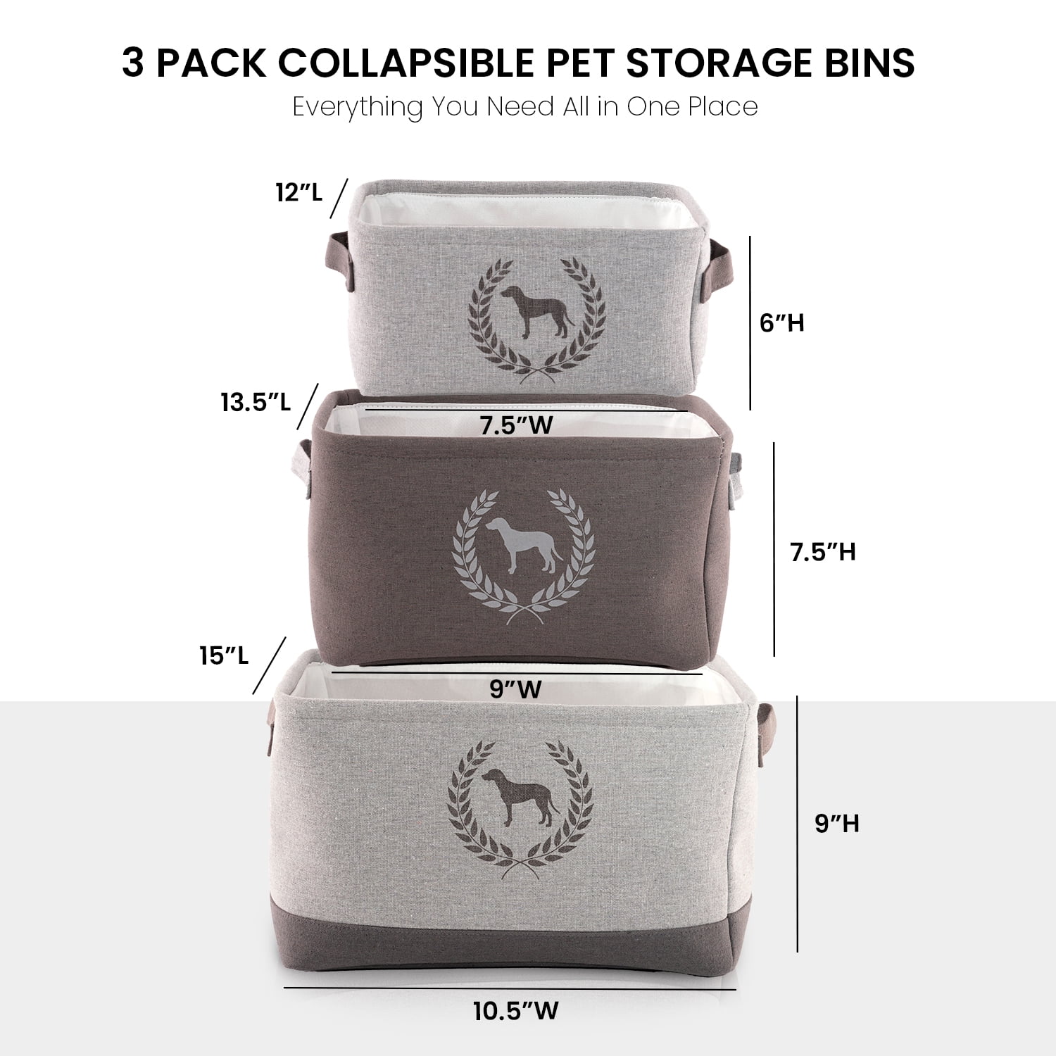 Precious Tails Linen Dog Crest Storage Bin 3 Pack Set for Dog/Cat