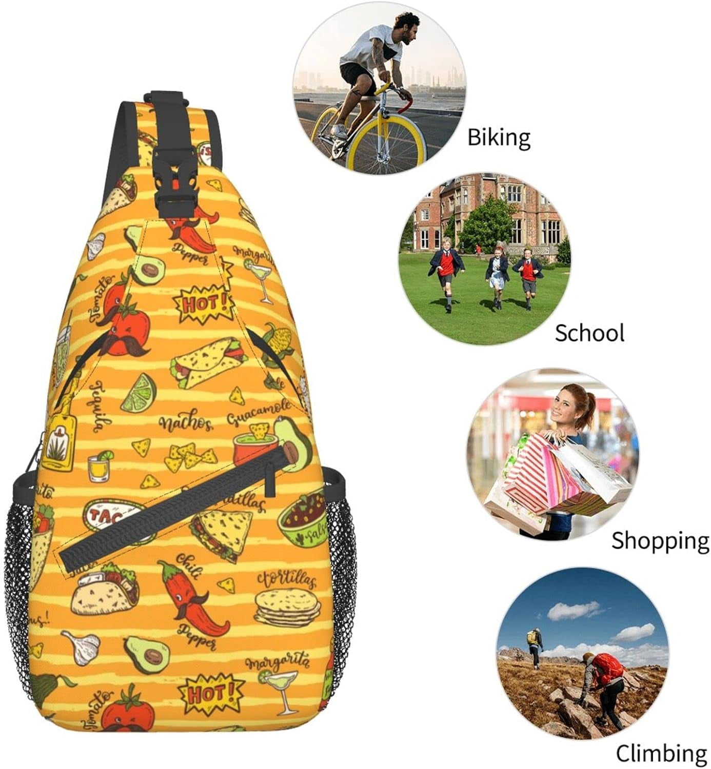 Cartoon Hand Drawn Mexican Food Pattern Sling Bag Crossbody Hiking Travel Chest Bags Backpack Shoulder Daypack for Women Men