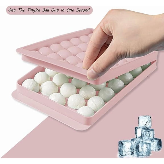 Ice Cube Trays, 1 Inch Round Ice Trays for Freezer with Lid and Bin, 33 x 3 Pack Tiny Ice Ball Maker Mold with Tongs Easy Release for Chilling Drinks, Juice (Pink, 33 X 3)
