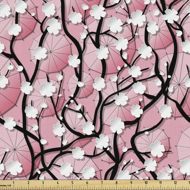 Japanese Fabric by the Yard Japanese Sakura Tree Flowers on Umbrellas