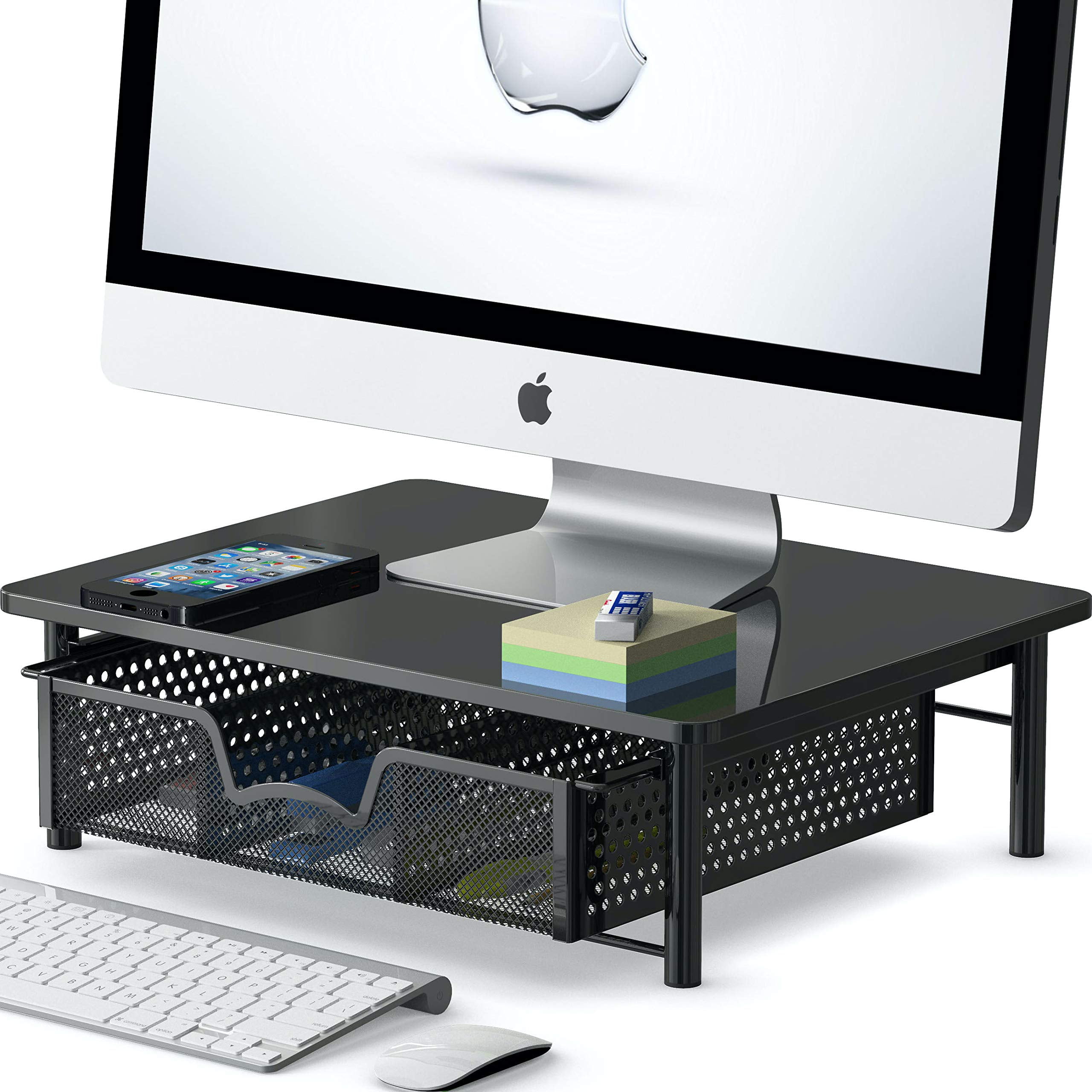 SHW Computer Monitor Riser with Drawer, Black