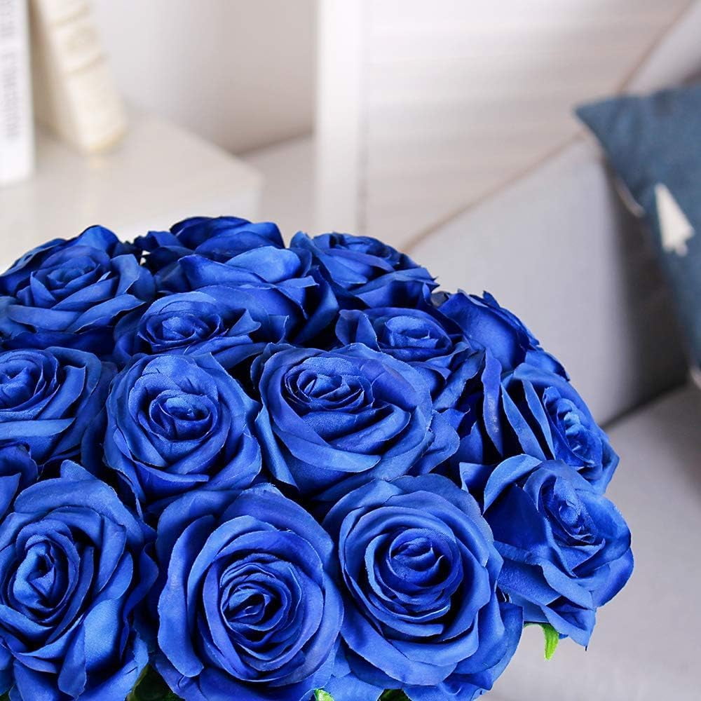 Blue Fake Roses Artificial Flowers - Fake Artificial Roses Silk Flowers with Stems for Home Wedding Hotel Office Centerpiece Decor