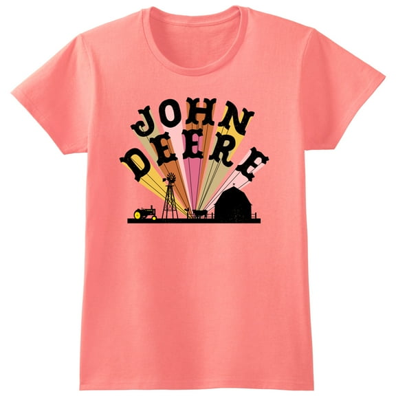 John Deere Adult Womens Farm Scene Silhouette Short Sleeve Tee T-SHIRT - Coral Pink - Small