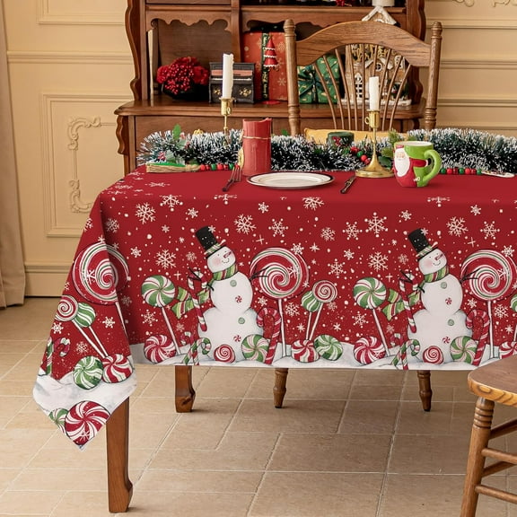 Christmas Rectangle Tablecloth - Winter Red Snowman Table Cloth with Snowflake and Candy Print, Stain Resistant Washable Xmas Table Cover for Holiday/Dining/Party Decoration, 60 x 120 Inch