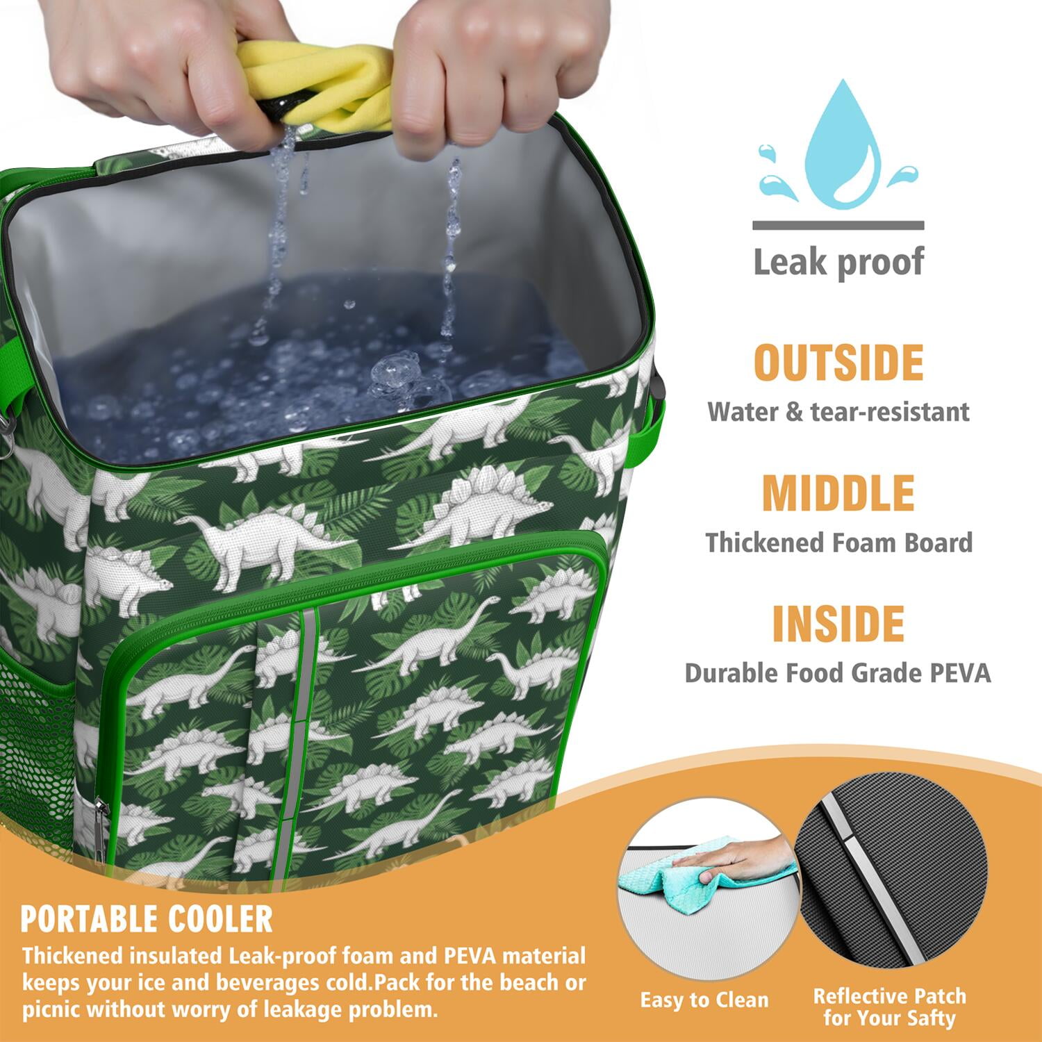 Travel Cooler Bag - Green Cartoon Dinosaurs Leaves Pattern Camping Beer Cooler Backpack with Bottle Opener- Waterproof Insulated Picnic Backpacks - Cooler Bag for Beach