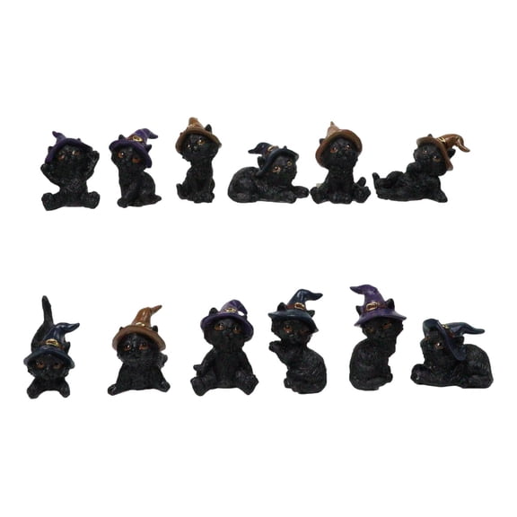 Set of 12 Halloween Black Cats With Witch Hats Mini Figurines In Multi Poses