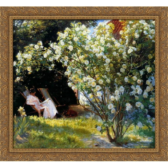 Marie in the Garden (The Roses) 30x28 Large Gold Ornate Wood Framed Canvas Art by Peder Severin Kroyer