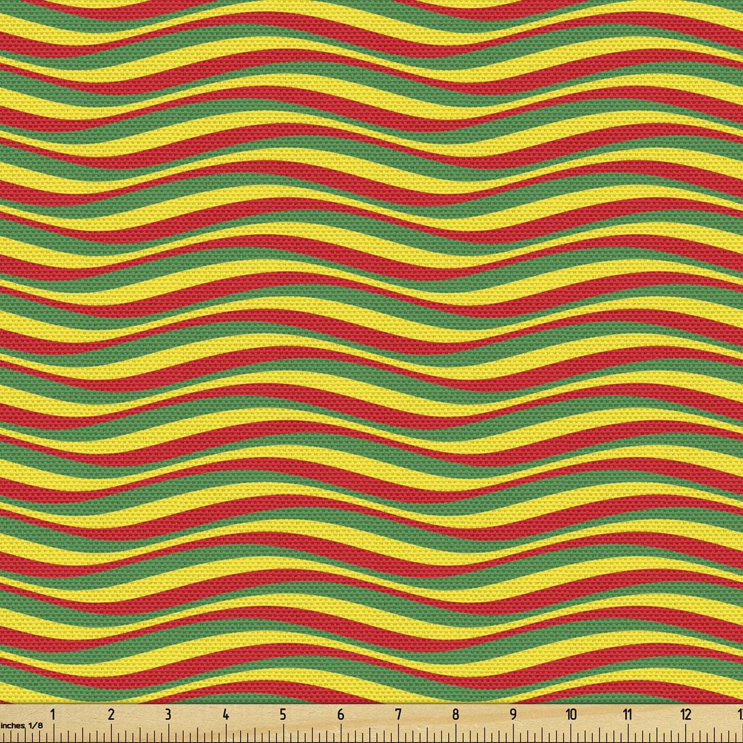 Rasta Sofa Upholstery Fabric the Yard, Vivid Colors Ethiopian Flag Colors in Wavy Style Stripes Image, Decorative Fabric for DIY & Home Accents, 2 Yards, Marigold Green and Red by Ambesonne -