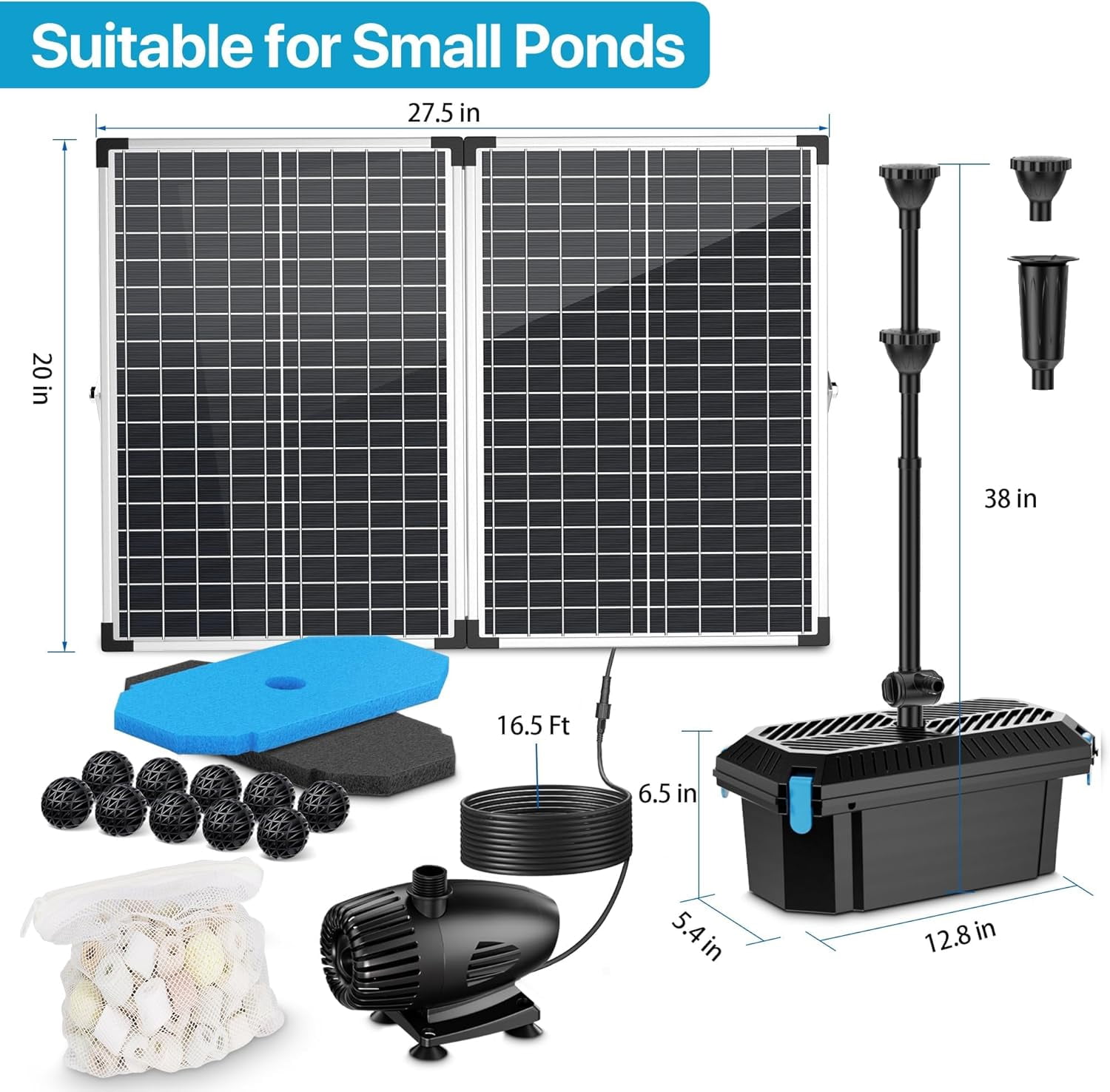 POPOSOAP 70W Solar Pond Filter with 680GPH Fountain Pump, Powerful Solar Powered Filter Kit with Bio-Media for Outdoor Koi Ponds and Waterfalls