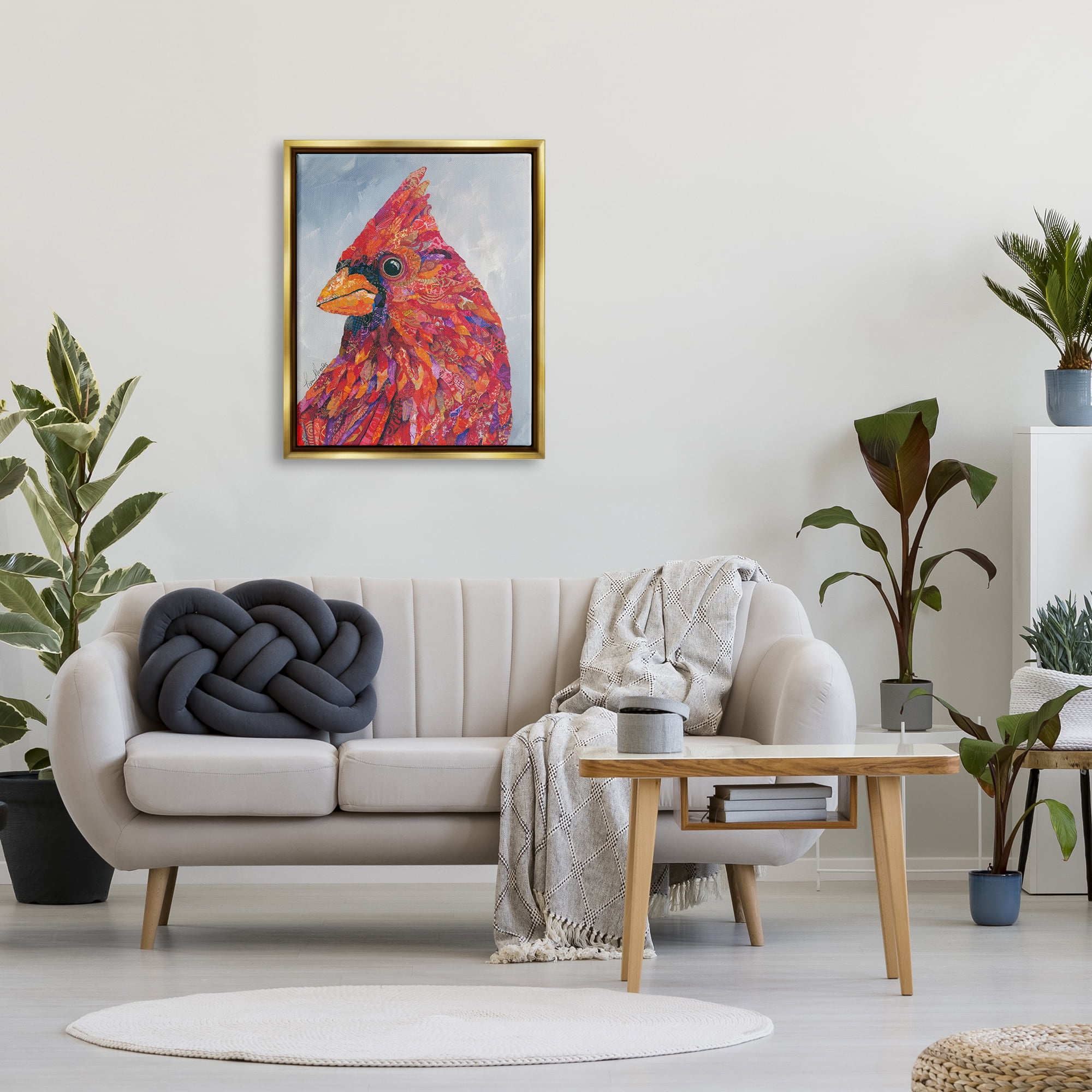 Stupell Industries The Messenger Red Cardinal Layered Collage Bird Painting Painting Metallic Gold Floating Framed Canvas Print Wall Art, Design by Lisa Morales