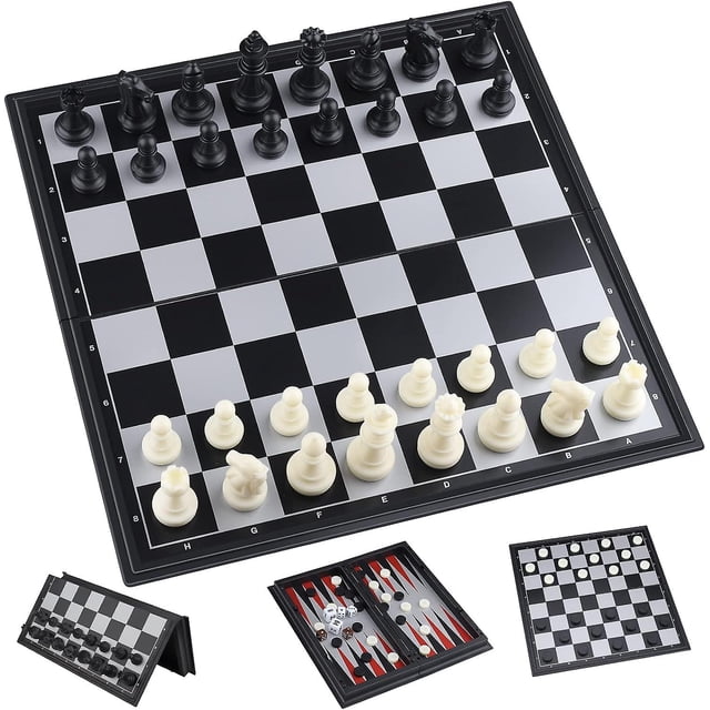 Juego de tablero de ajedrez 3 en 1 de 31 x 31 cm, tablero de ajedrez magnético con ajedrez, damas, backgammon para niños y adultos, juego de tablero de ajedrez plegable y portátil
