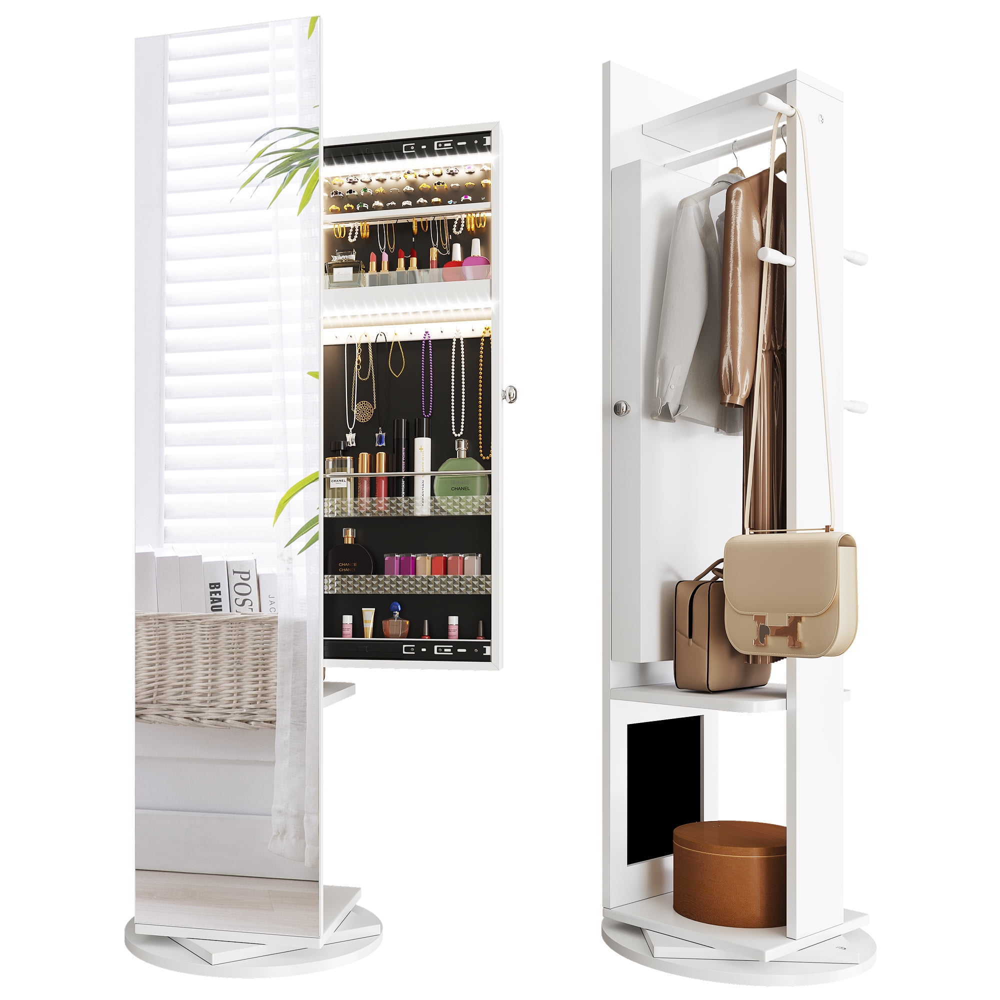 Dextrus 360° Swivel Side Opening Jewelry Armoire with Full Length Mirror, Jewelry Organizer Armoire, Floor Standing Lockable Jewelry Armoire, Rear Storage Shelf, White