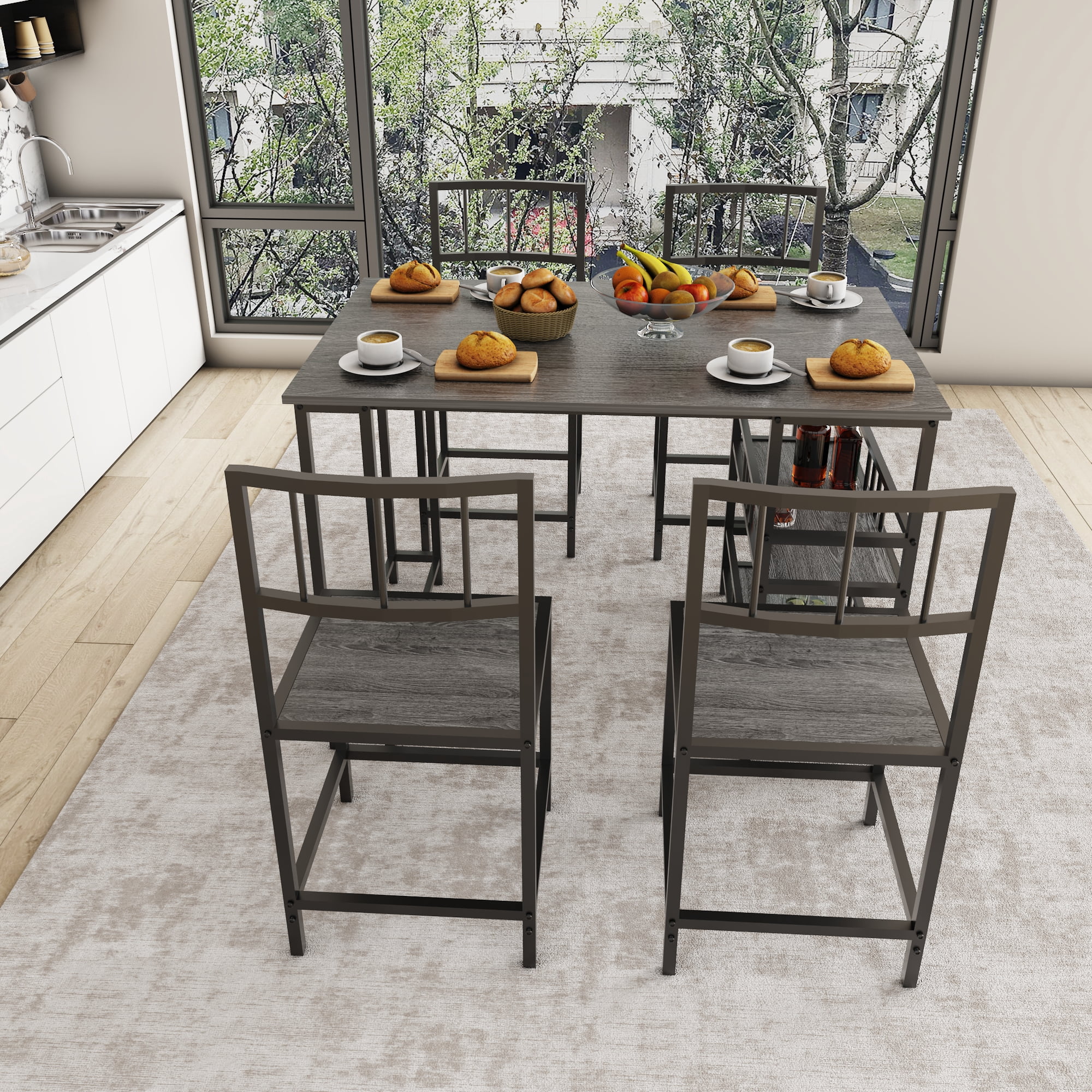 HOQBN 5 Piece Dining Table Set with 4 Chairs and 2-Tier Side Storage Shelves,Industrial Kitchen Table Wood Grain Metal Frame Dinner Furniture for Small Apartment Dining Room,Charcoal grey