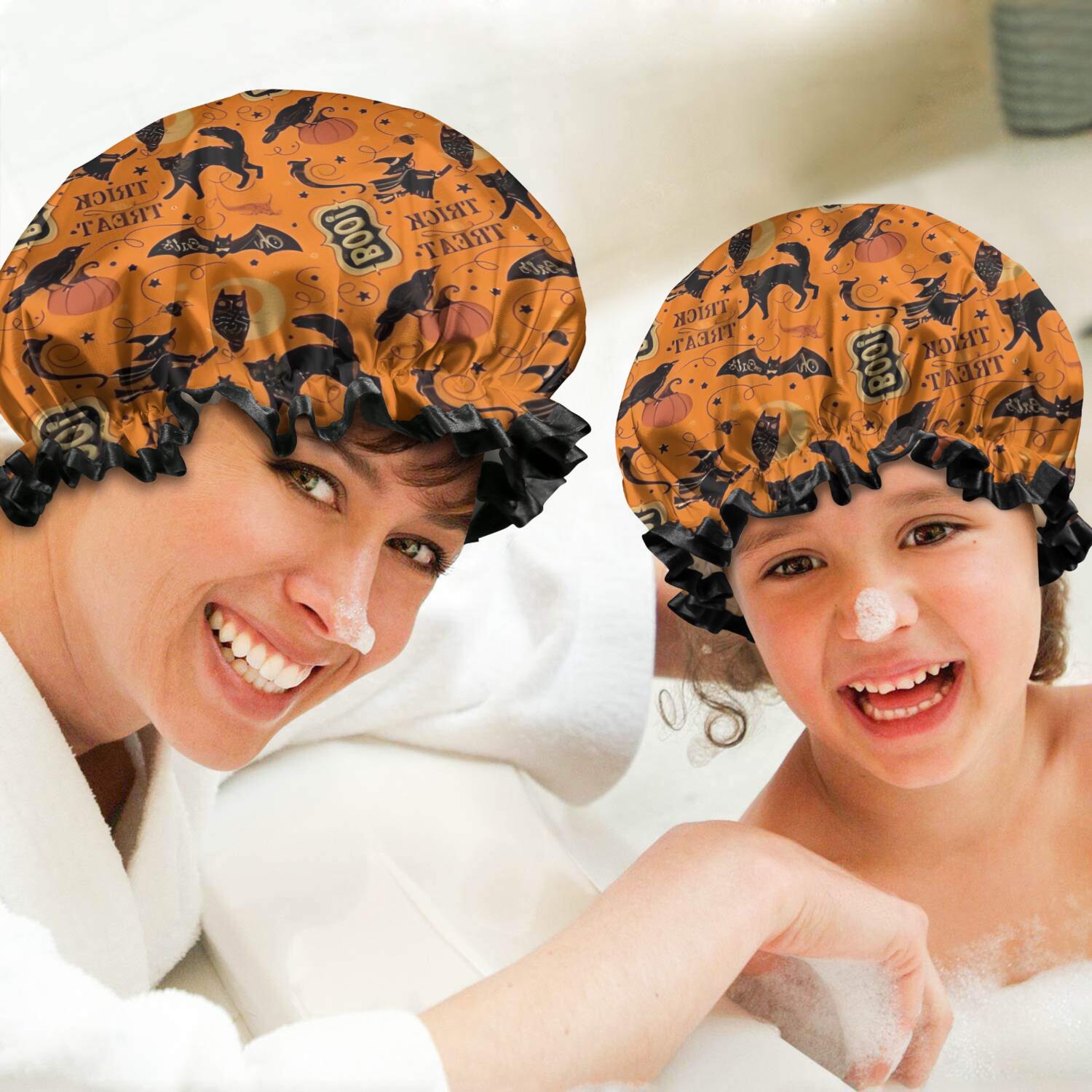 Shower Caps,Vintage Halloween Elements Pattern Waterproof Shower Cap for Women 4 Pieces,Double Reusable Hair Cover for Shower PEVA Elastic Stretch Hem