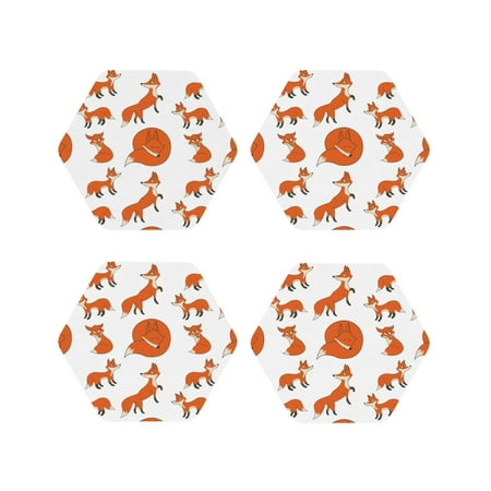 

Drink Coasters Set of 4 Fox Print White Leather Coasters for Coffee Table Protector Heat Resistant Cute Coasters for Home Decor Housewarming Gifts Bar Kitchen 4 Inch Hexagon