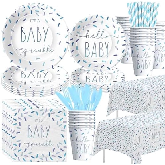 Sprinkle Baby Shower Decorations Tableware for Boy, Blue Confetti It's a Baby Sprinkle Party Decorations Supplies, Paper Plate, Napkin, Cup, Disposable Cutlery, Tablecloth, Serves 24