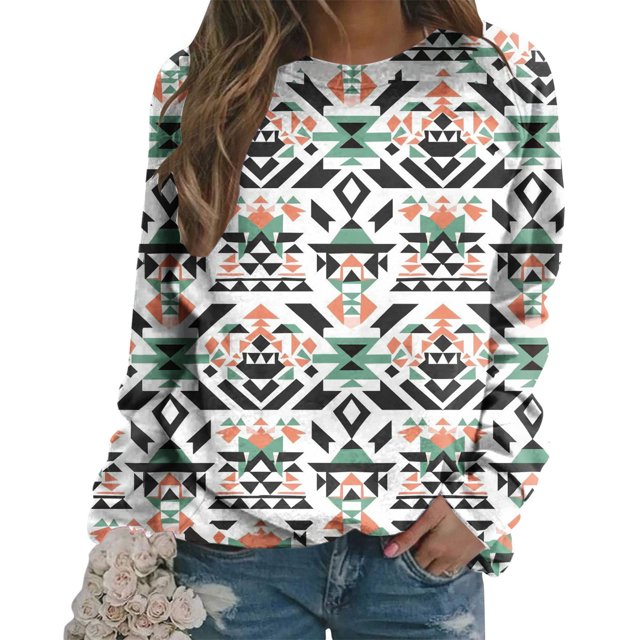 Qiopertar Haut Ample à Manches Longues Raglan Col Rond Imprimé Style Ethnique Décontracté pour Femmes Offres de la Semaine Liquidation à Moins de 5$ jusqu'à 90 % de Réduction