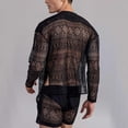 thumbnail image 3 of Conjunto de camisa de encaje para hombre Conjunto de pantalones cortos huecos casuales transpirables de color puro de manga larga floral para hombre Negro XL, 3 of 5