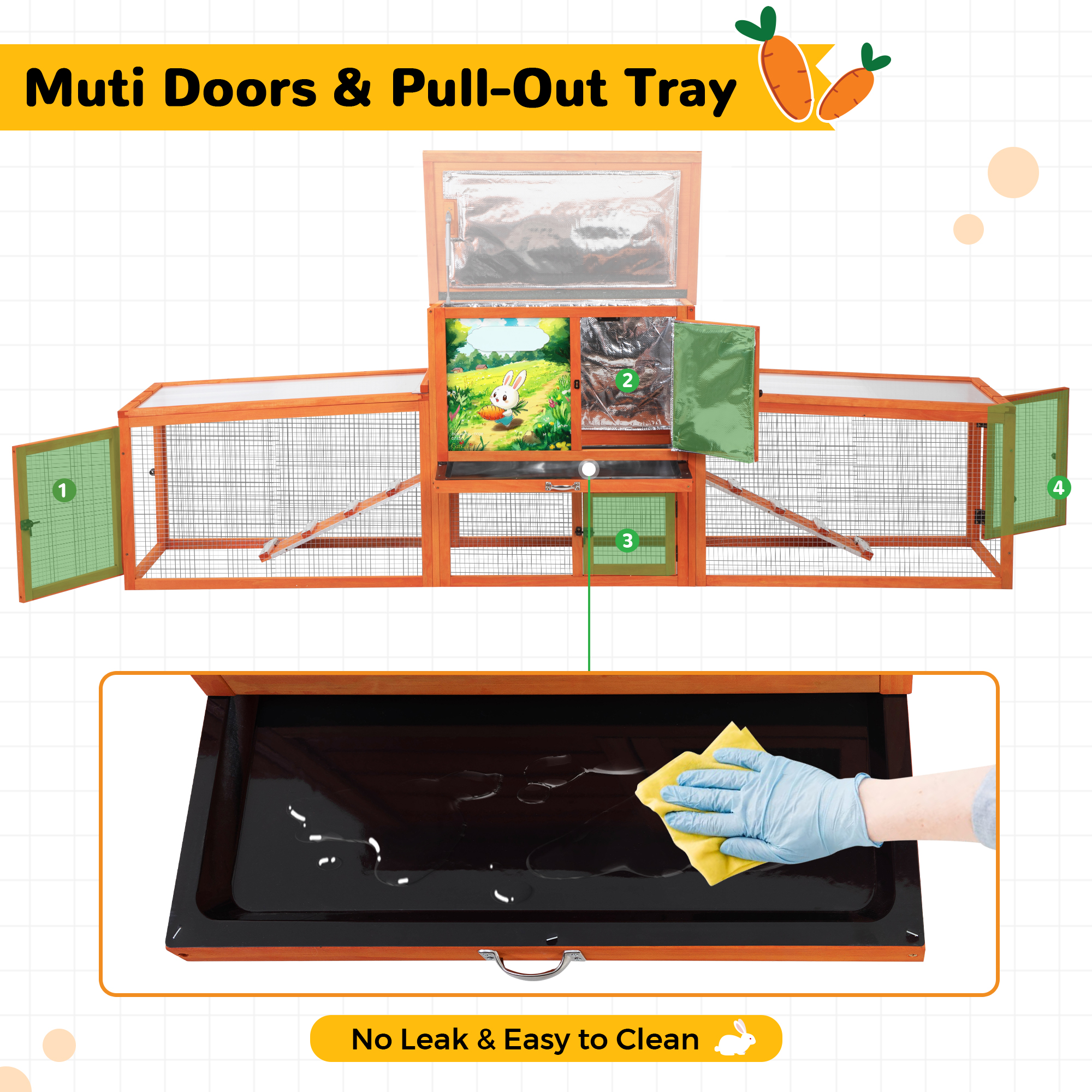 Insulated Outdoor Wood Rabbit Hutch, Weatherproof Large Bunny Cage with Runs Orange with Colorful Patterns