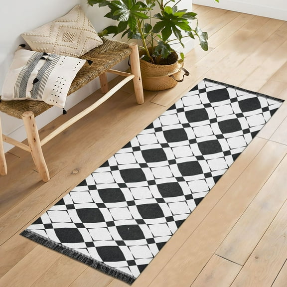 Runner Rug 2'x6' Hallway Area Rugs Black and White Checked Vintage Non Slip Entryway Runner Carpet with Tassels Living Room Bedroom