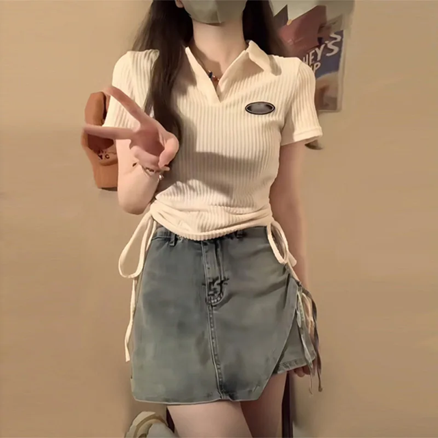 Top corto estilo americano con cuello tipo polo y mangas cortas para mujer, diseño nuevo de verano 2023, estilo Sensibility Niche Sweet Spicy Girl