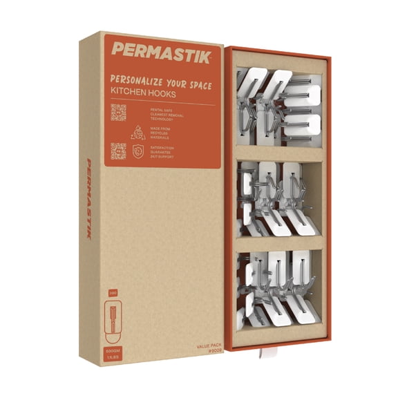 Permastik Adhesive Wall Hooks (60 Pack) – Damage-Free Removable Hooks, Small Kitchen Hooks for Hanging Utensils, Keys & Home Organisation
