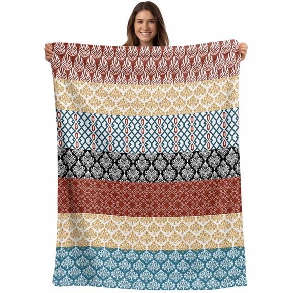 Vintage Boho Geometric Stripes Throw Blankets, Yellow Orange Teal Soft Fleece Blanket Decorative for Home Sofa Couch Chair Living Bedroom, 40x50 inches,
