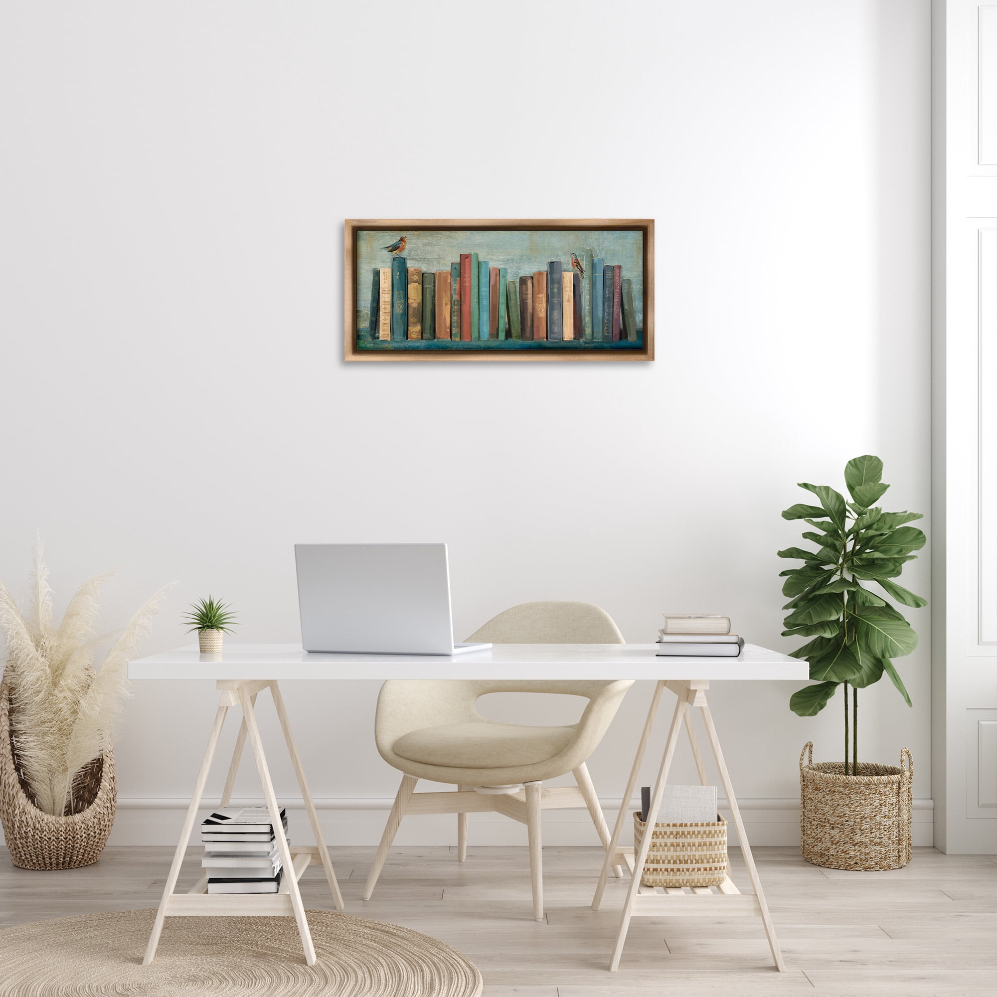 Stupell Industries Books And Birds Bookshelf Painting Animals & Insects Painting Brown Floater Framed Canvas Art Print Wall Art, 31 x 14
