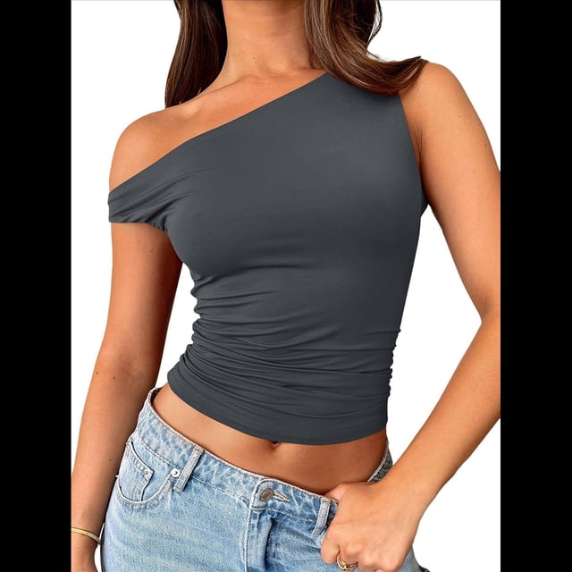 Tops de Verano con Hombros Descubiertos para Mujer, Camisetas para Salir, Top Corto Sin Mangas, Ropa de Moda, Conjuntos de 2025 Gris M