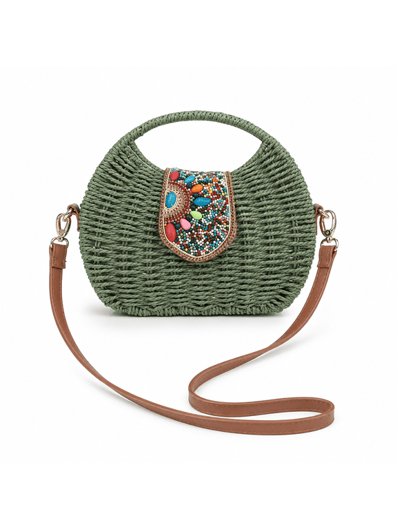 Boho Woven Crossbody Bag for Women, Handcrafted Straw Purse with Beaded Shell Accents, Convertible Top Handle Shoulder Bag for Beach Vacation and Daily Outings