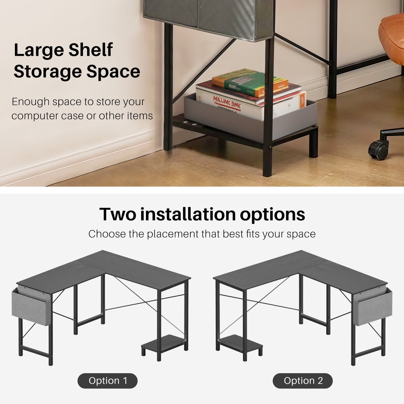 TINKLE WELL 50-inch L-Shaped Computer Desks, Corner Gaming Table with Wooden Desktop, Reversible Design, CPU Stand and Side Bag for Home Office, Study, Black