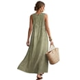 thumbnail image 2 of Xoenoiee Green Rose Flower Tree Leaf Print Women's Casual Cotton Linen Round Neck Sleeveless Maxi Dress, Summer Loose T-Shirt Dress with Pockets Flowy Boho Sundress for Beach Vacation, Size M, 2 of 7