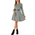 thumbnail image 2 of INSPIRE CHIC Women's Dress Houndstooth Plaid Crew Neck Long Sleeves Belt A-Line Dress with Pockets XS Black White, 2 of 5